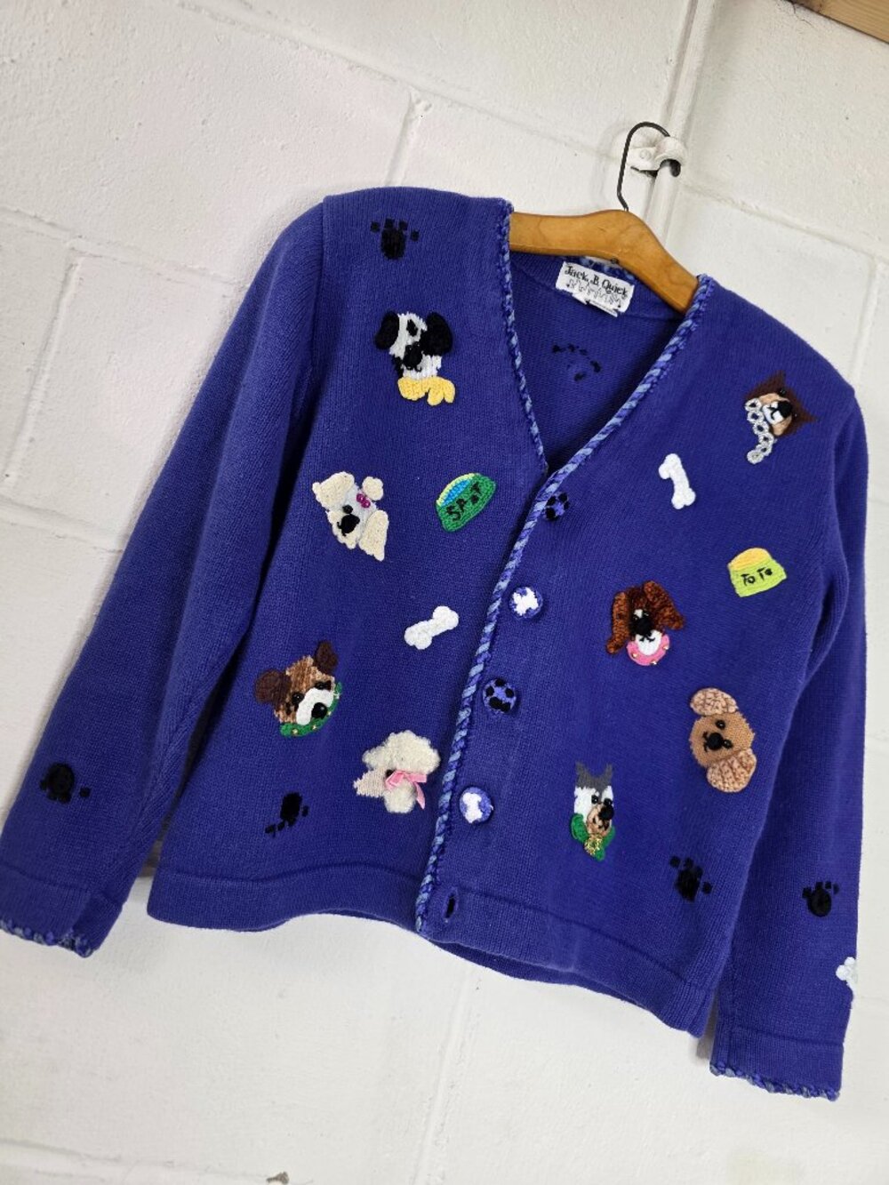 Vintage Granniecore Teachercore Preppy Eclectic Cottage Blue Knit Dog Cardigan